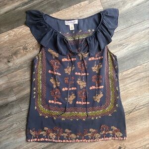 Elegant Navy Floral Blouse with Ruffle Neckline‎